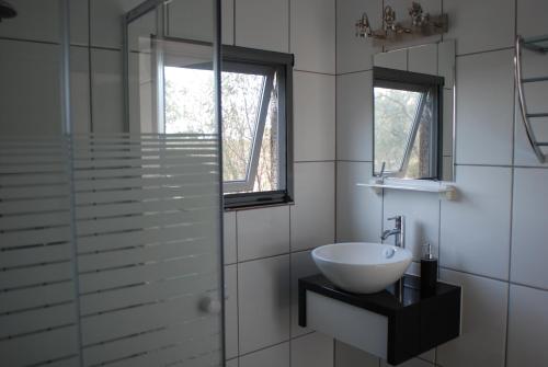 a bathroom with a sink and a glass shower at Bubulcus and Bolotas - Off Grid Nature Holiday Home in Vimieiro