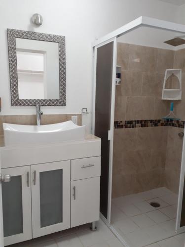 een badkamer met een witte wastafel en een douche bij Casa Amealco in Amealco