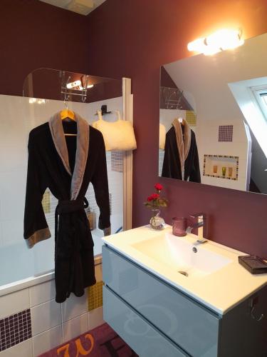 une salle de bain avec un lavabo et un miroir dans l'établissement CHAMBRE CHAMPÊTRE, à Angrie