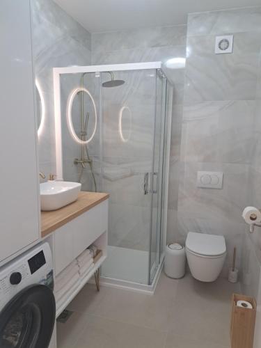 a bathroom with a shower and a toilet and a sink at Salona Lux in Klis