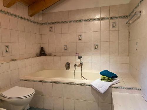 a bathroom with a tub and a toilet at Family-Place-Mountain View-Fireplace-8 P. in Lenggries