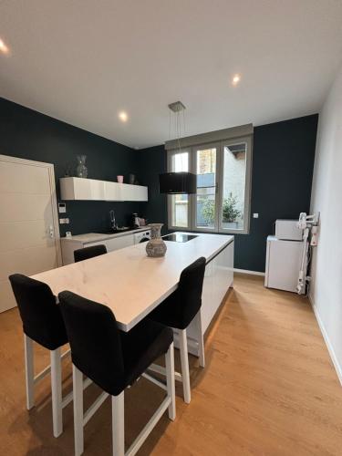une cuisine avec une table et des chaises dans une pièce dans l'établissement La Villa Des Vents en bord de mer, à Dunkerque