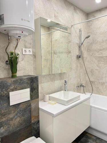 a bathroom with a sink and a toilet and a shower at Теремки in Kyiv