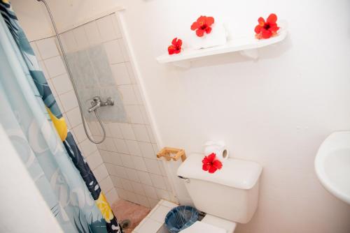 a bathroom with a toilet with red flowers on it at Las Mariposas in Las Galeras