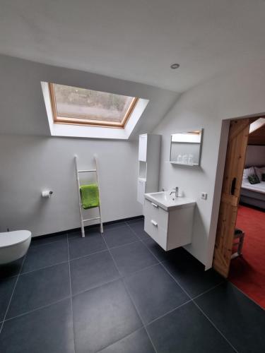 a bathroom with a sink and a toilet and a window at B&B Am Sahrbach in Altenahr