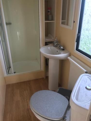 La salle de bains est pourvue de toilettes, d'un lavabo et d'une douche. dans l'établissement Ocean Edge Holiday Home, à Heysham