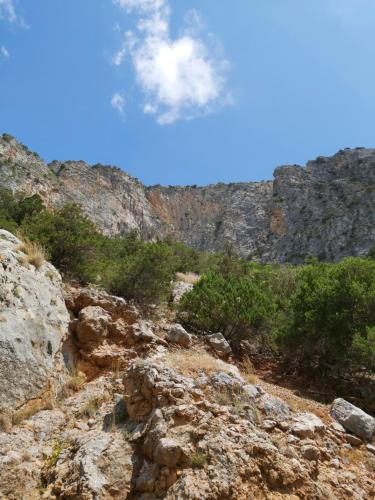 a view of a mountain with rocks and bushes at Giannis Stella apartment in Mourteri