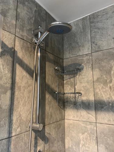 a shower with a shower head in a bathroom at Fabulous flat in the fantastic location of Gosforth in Gosforth