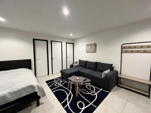 un salon avec un canapé et un lit dans l'établissement Studio indépendant & lumineux, à Cholet