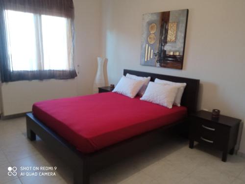 a bedroom with a bed with a red bedspread at serres center in Serres