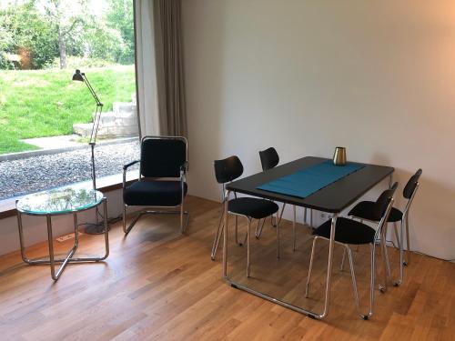 a table and chairs in a room with a window at Ferienwohnung Mainaublick in Konstanz