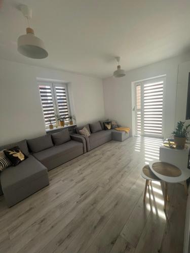 a living room with a couch and a table at Nikifor Apartamenty Krynica-Zdrój in Krynica Zdrój