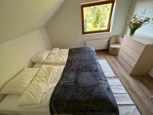 1 dormitorio con cama y ventana en Różany Dom w Dominikowie, en Dominikowo