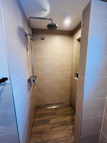a shower with a glass door in a bathroom at Chic lodge-apartments in Ehrwald