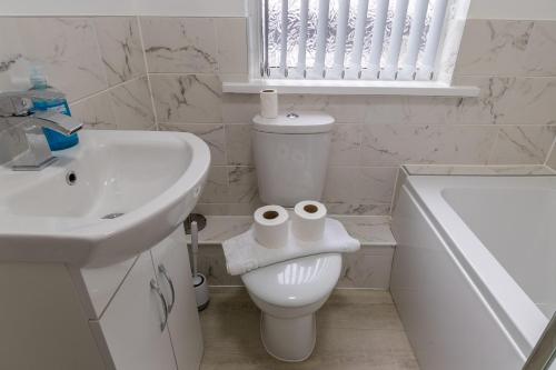 a bathroom with a toilet and a sink and a tub at Queens Croft Abode in Newport