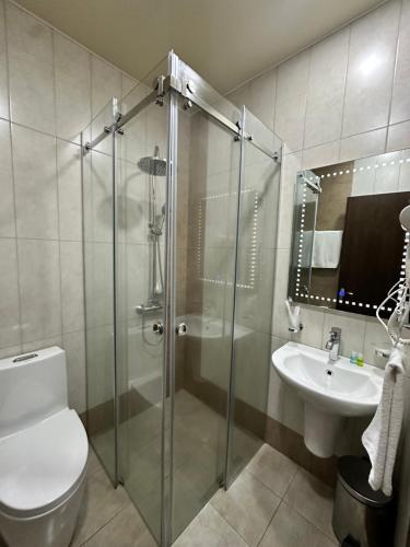 a bathroom with a shower and a toilet and a sink at Hotel Partiez in Yerevan
