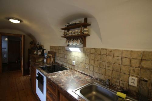 a kitchen with a sink and a counter top at Malebná chalupa u Javorníku na Šumavě in Vacov