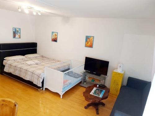 a bedroom with a bed and a tv and a table at Large Apartment Bern City Centre in Bern