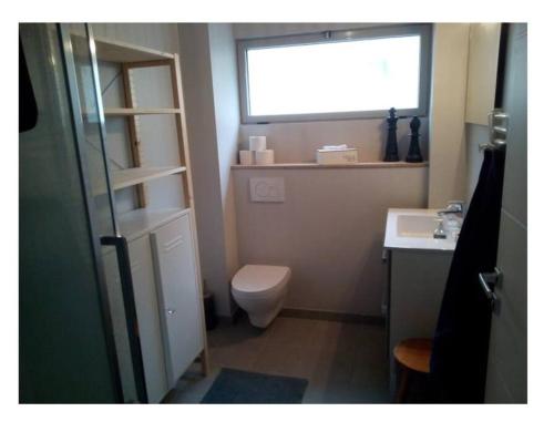 uma pequena casa de banho com um WC e uma janela em bel appart. / résidence de standing / plein centre em Château-Thierry