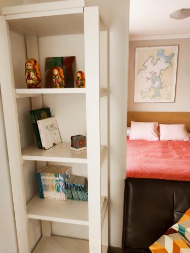 サンティアゴ・デ・コンポステーラにあるCasa Riquiñaのベッドと本棚付きの部屋