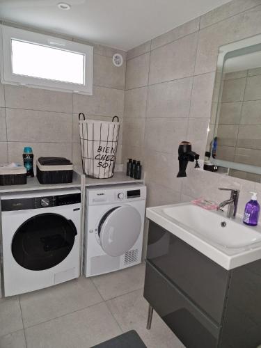 une cuisine avec une machine à laver et un évier dans l'établissement Charming apartment near La Défense, Paris, à Bezons