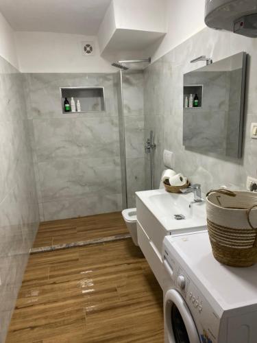 y baño con lavabo y lavadora. en Aimari’s Apartment, en Shkodër