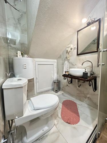 a bathroom with a toilet and a sink at Hotel Fjorr in Prizren