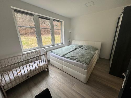 ein Schlafzimmer mit einem Bett und zwei Fenstern in der Unterkunft Vila Tanvald s wellness a wallboxem nabíječkou na elektro auta in Tanvald
