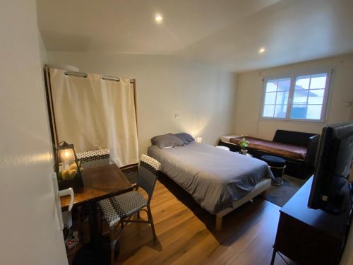 a bedroom with a bed and a desk and a television at Charmant Studio avec son jardin privé aux portes de Paris in Ivry-sur-Seine