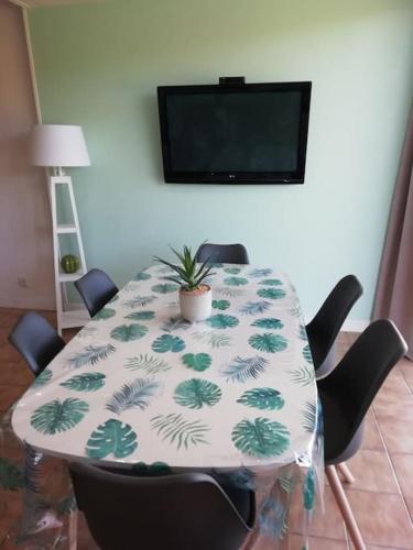 une table avec une plante assise au-dessus dans l'établissement Appartement rez-de-chaussée, à Sainte-Cécile-Plage
