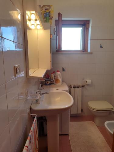 bagno con lavandino, servizi igienici e specchio di Sabaudia Villa Annamaria a Sabaudia