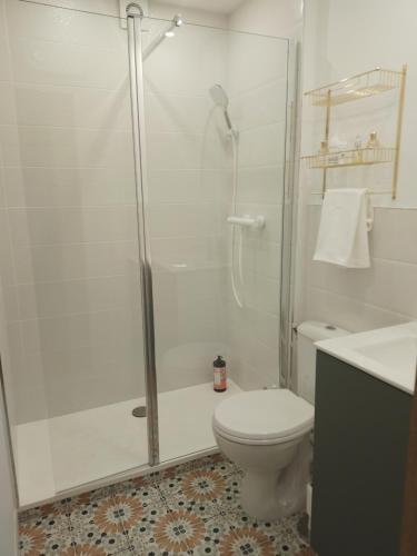 une salle de bain blanche avec douche et toilettes dans l'établissement Le studio 51, à Saint-Raphaël