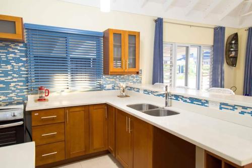 una cocina con armarios de madera y fregadero en Mahoe Villa @ Richmond Estate, en Richmond