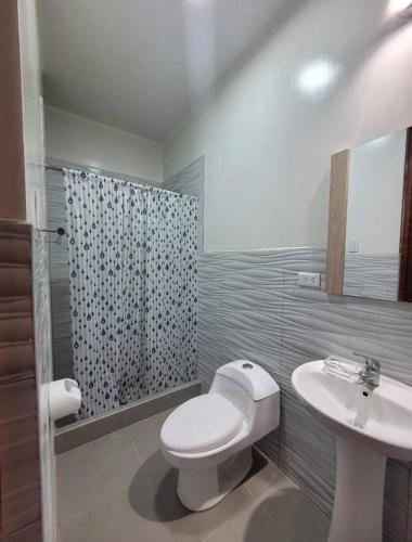 een badkamer met een toilet, een wastafel en een douche bij Departamento centrico in Ilo