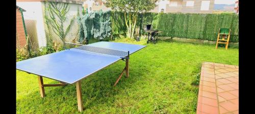 una mesa de ping pong azul en un patio en Bonito bajo con jardín, en Bárcena de Cicero