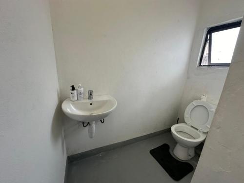 een witte badkamer met een toilet en een wastafel bij Southernwood nest in East London