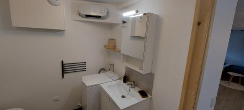 a small white bathroom with a sink and a microwave at Studio Laval in Laval
