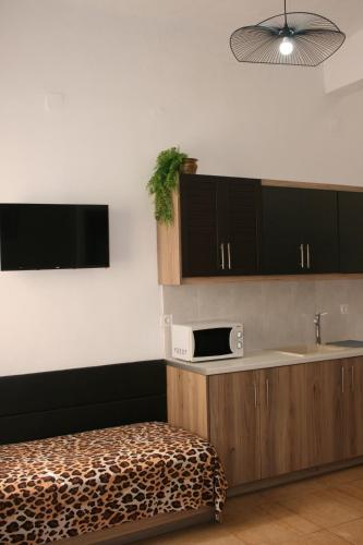 una cucina con letto, lavandino e forno a microonde di Theatraki a Selínia