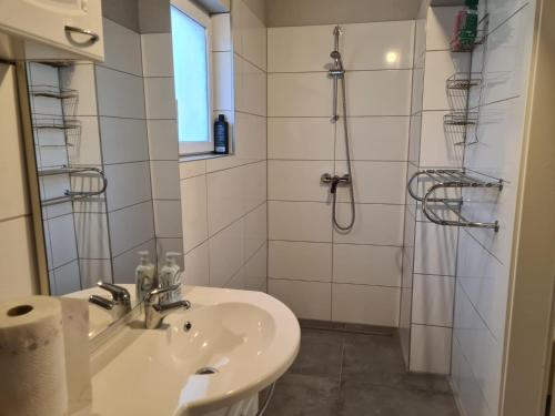 La salle de bains est pourvue d'un lavabo et d'une douche. dans l'établissement kleine wohung, à Schwanenstadt