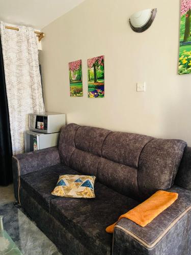 a brown couch in a living room with paintings on the wall at Tsavo Studios Apartment in Nairobi