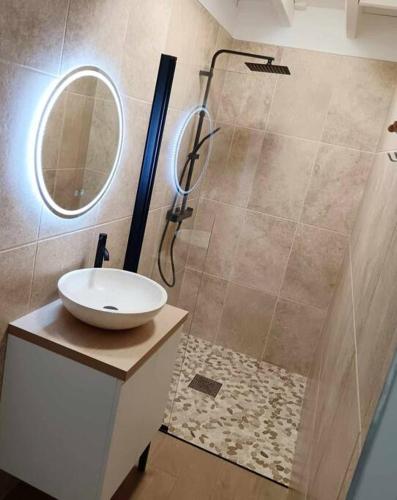 une salle de bain avec une douche, un lavabo et un miroir dans l'établissement Toi et moi à 8 min d etretat, à Gerville