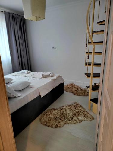 1 dormitorio con 1 cama y 2 alfombras en el suelo en Apartament Eva en Bacău