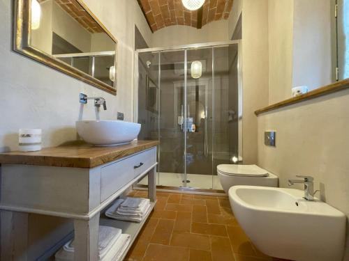 een badkamer met wastafel, douche en toilet bij Podere Montaione in Volterra