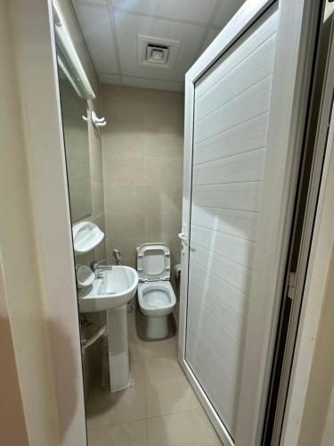 a small bathroom with a toilet and a sink at Palm Inn Hostel 2024 in Dubai