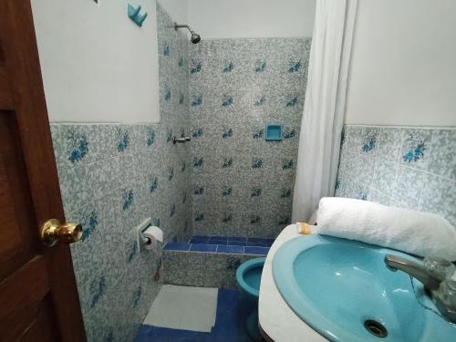 a bathroom with a blue sink and a toilet at El Jardín de Jeni in Cusco