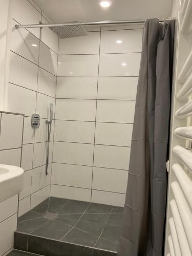 y baño con ducha y lavamanos. en Modernes Studio am Dreiländereck en Alsdorf