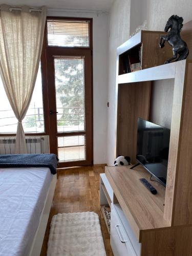 a bedroom with a desk with a tv and a bed at Апартамент “Djanina 2” in Sandanski