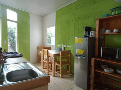 cocina con paredes verdes y nevera de acero inoxidable en Apartamento Orquídea, en Quetzaltenango