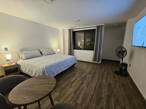 1 dormitorio con 1 cama y TV de pantalla plana en Estancia Real en Morelia