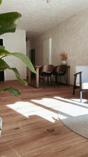 a living room with a table and chairs at Atrium Apartments Aachen in Aachen